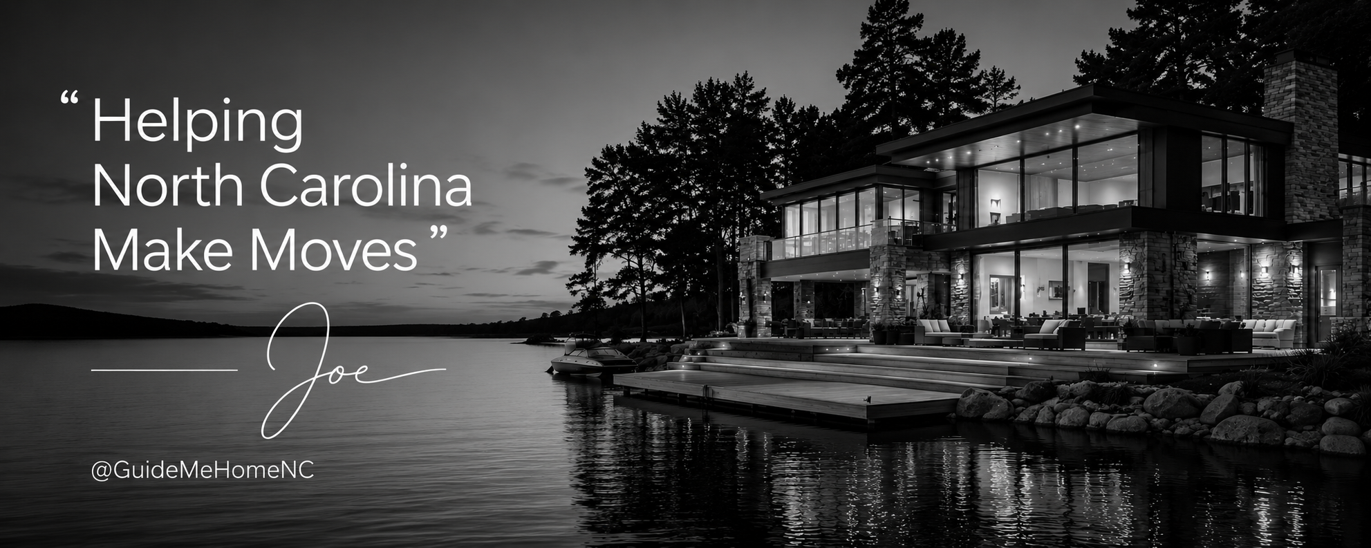 Modern lakefront home at dusk in North Carolina
